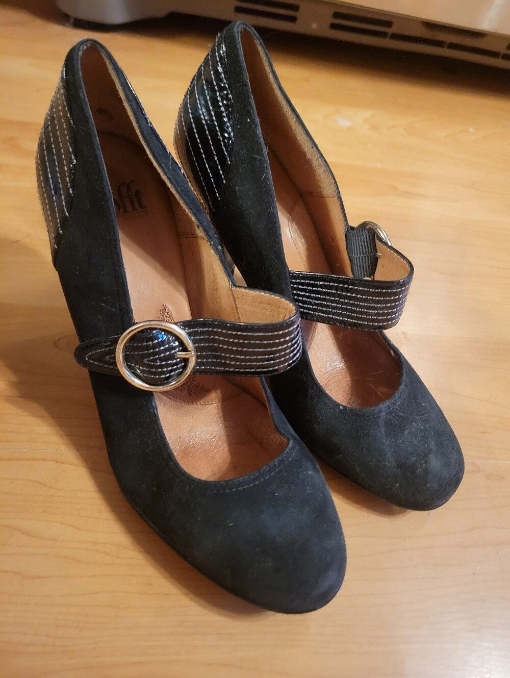 Sofft Black Suede Mary Jane Pumps with Striped Strap and Gold Buckle